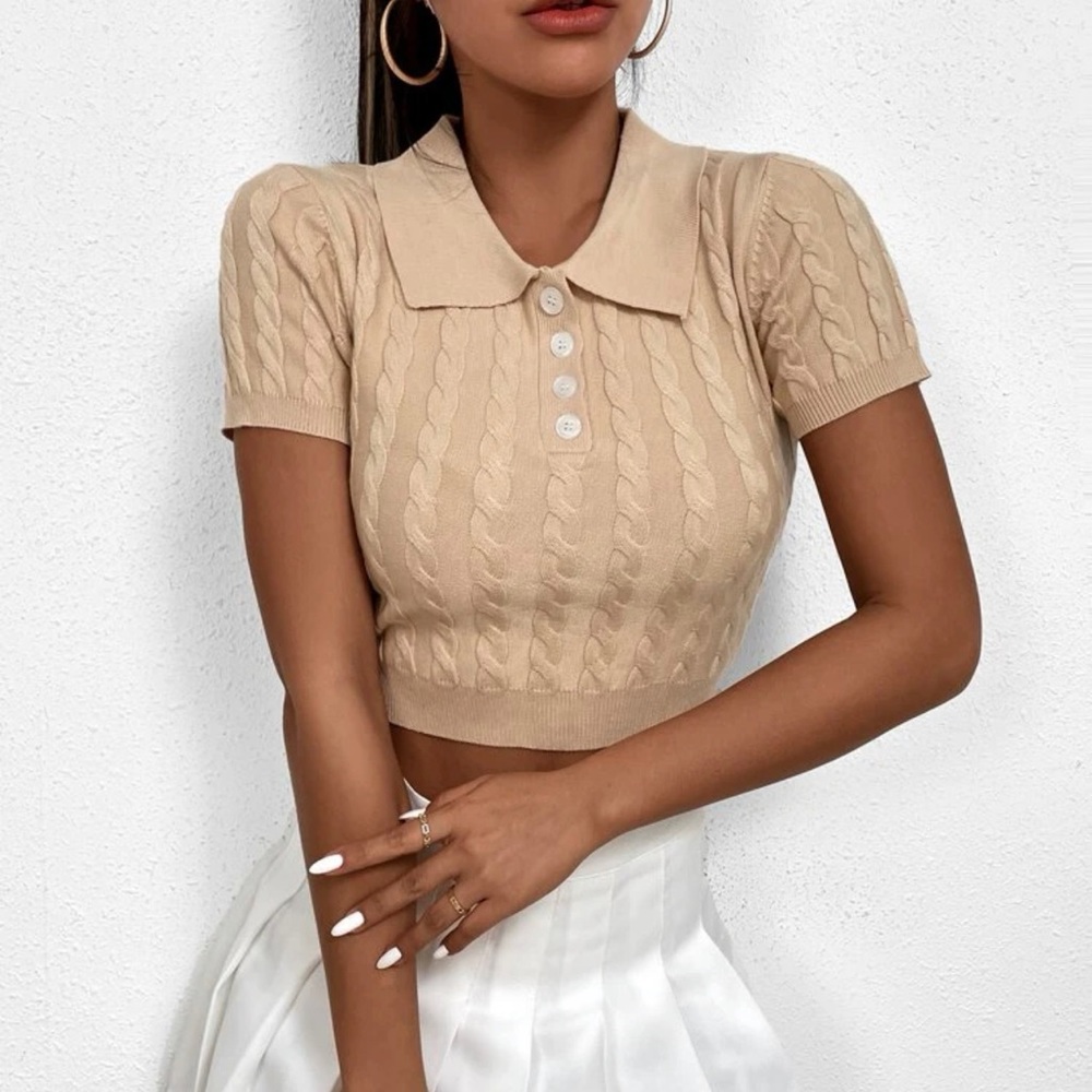 Half Button Cable Knit Crop Top